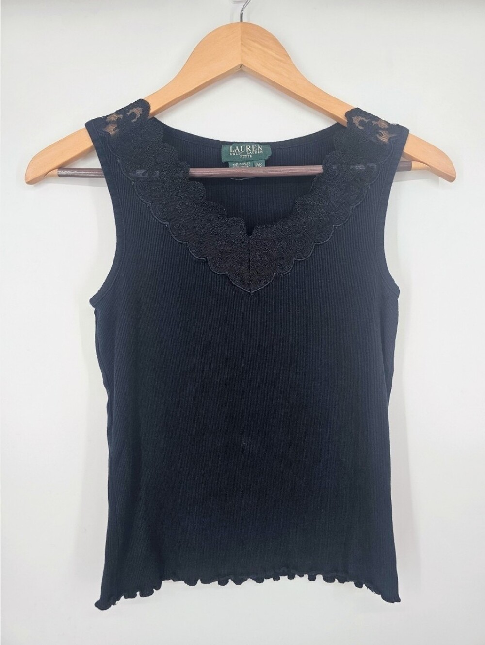 Vintage Lauren Ralph Lauren Black Lace Ribbed Tank Top Petite S - Picture 4 of 8